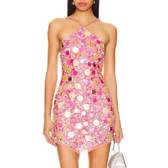 knee length dresses for ladies New Revolve x More to Come Pink Mesh Ruffle Cutout Payton Mini Dress Size S